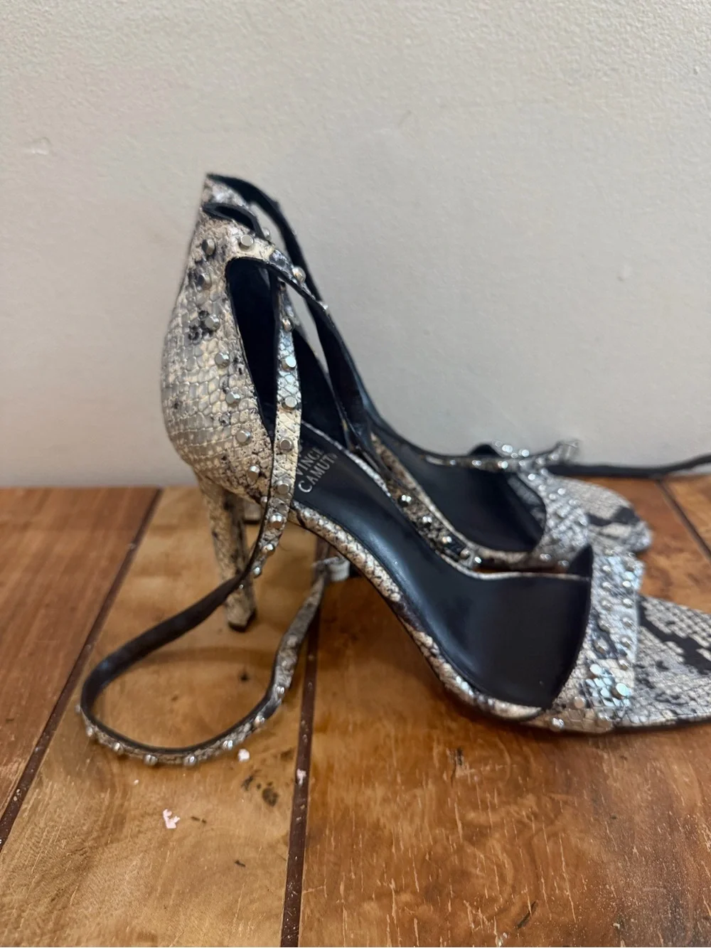 Vince Camuto Crystal-Embellished Silver Snake-Print Ankle-Strap Heel